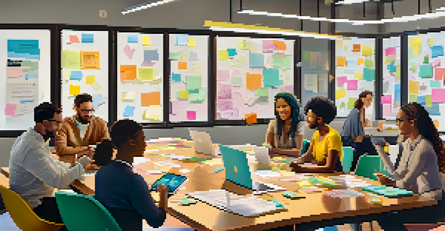 A diverse group of employees brainstorming together around a table filled with sticky notes and digital devices in a bright room.