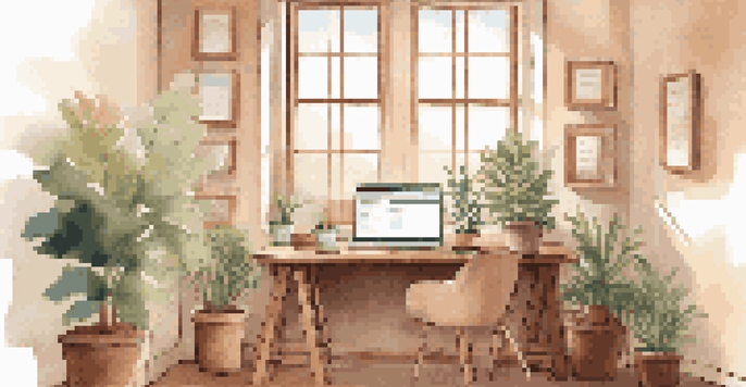 A tranquil office space featuring a wooden desk with a laptop showing data analytics, a potted plant, and soft natural light streaming in through a window.