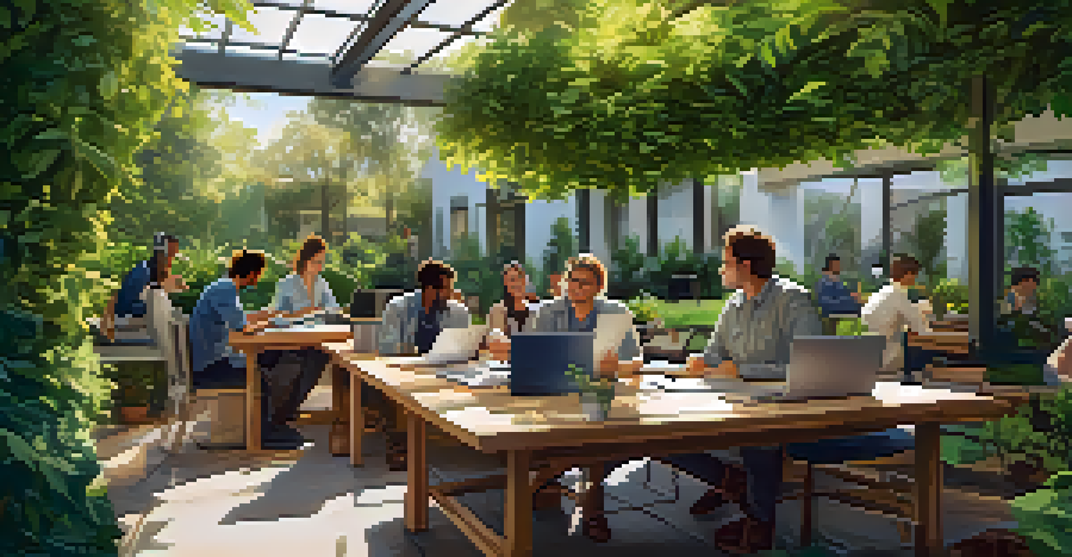 An outdoor garden workspace with employees from diverse backgrounds brainstorming together in a lush green setting.