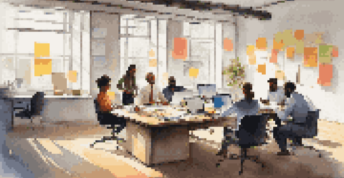 A diverse team of professionals brainstorming in a bright office surrounded by windows, with sticky notes and laptops on a large table.