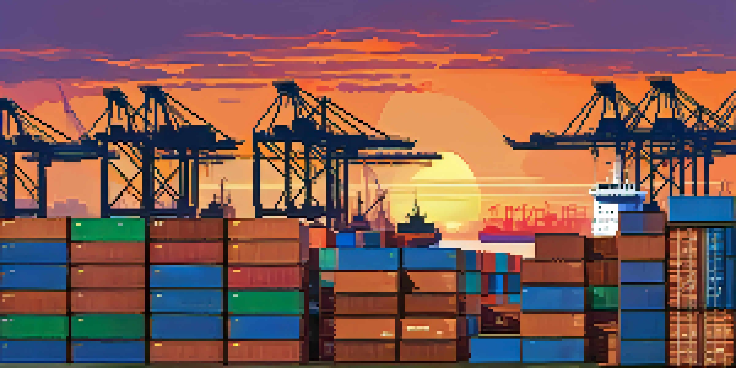 A busy port scene with shipping containers and a cargo ship at sunset, highlighting global trade.