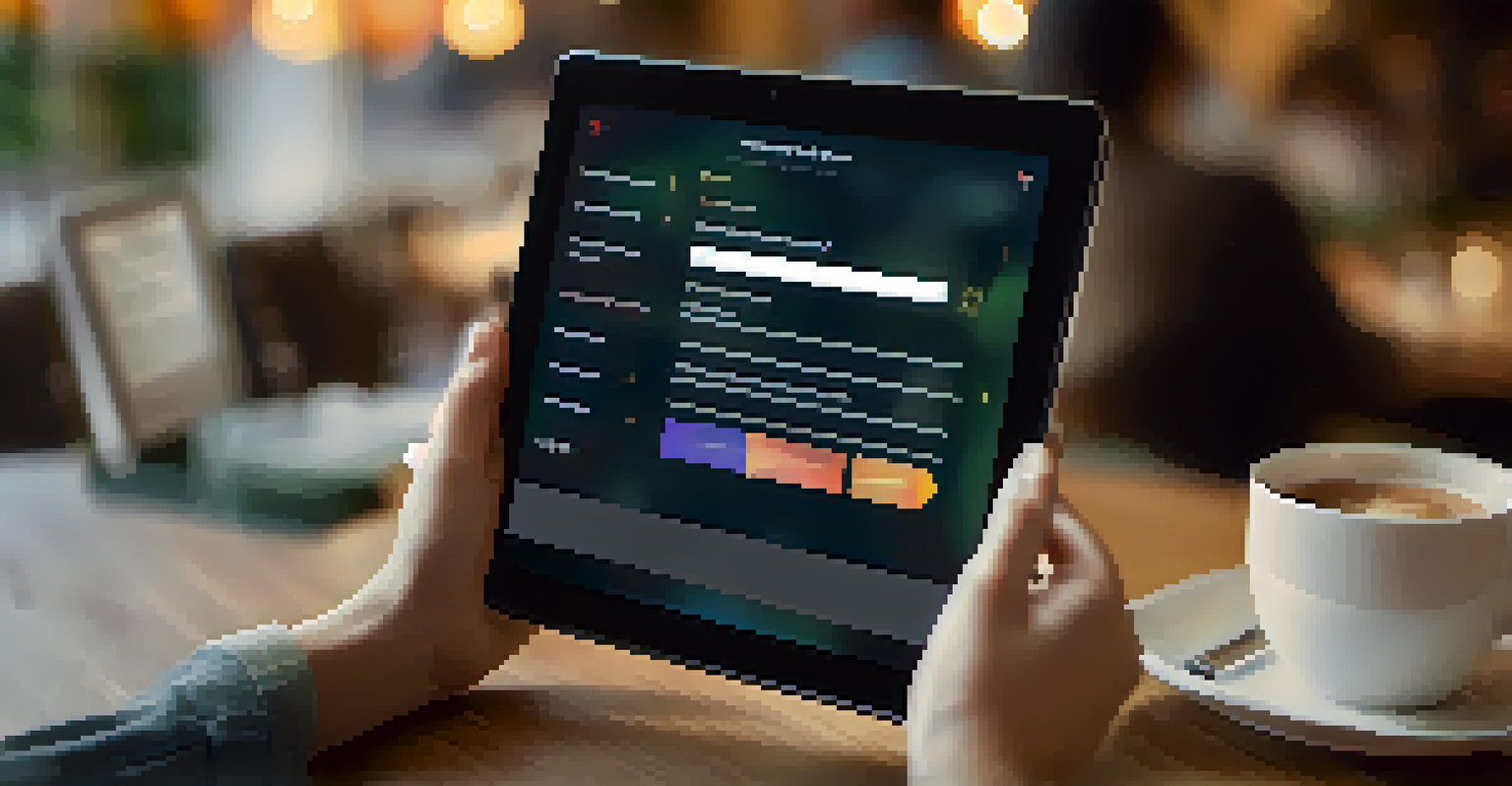 Hands completing a customer feedback survey on a tablet in a cozy café.