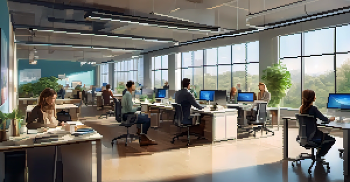 A modern office with flexible workspaces, employees collaborating and working on laptops, with natural light and greenery visible outside.