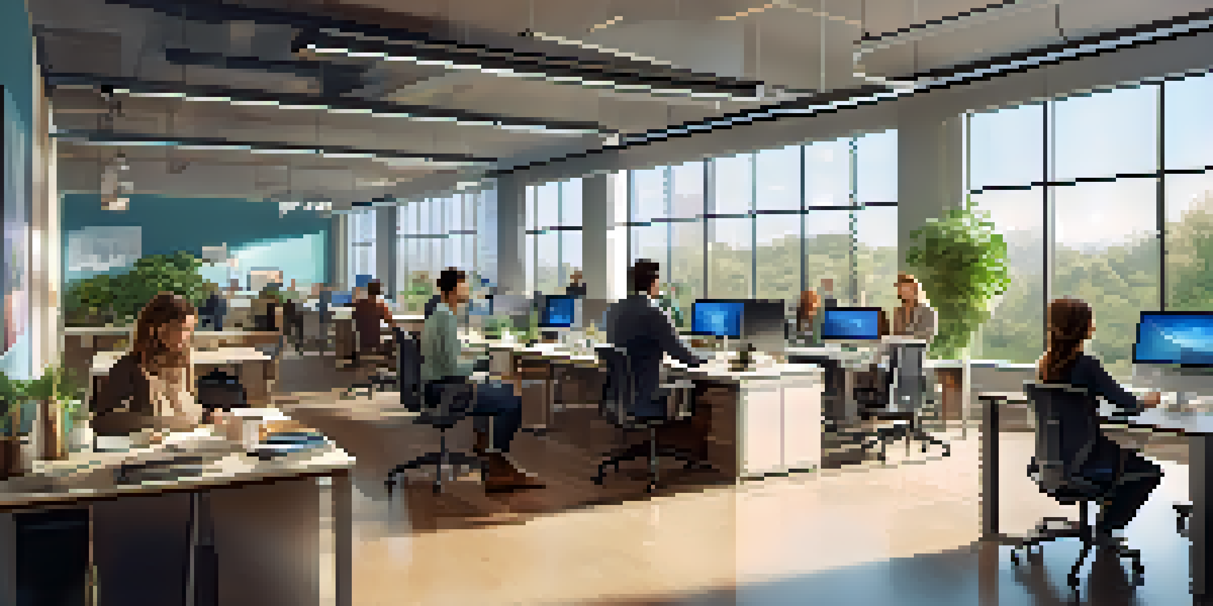 A modern office with flexible workspaces, employees collaborating and working on laptops, with natural light and greenery visible outside.
