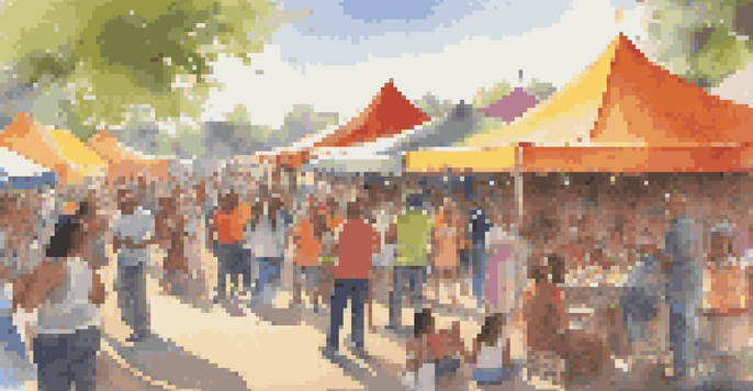 A lively community event with diverse people enjoying activities under colorful tents on a sunny day.