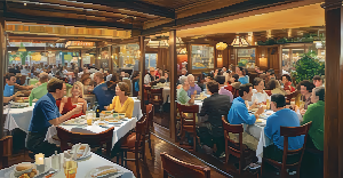 A lively restaurant filled with smiling diners, warm lighting, and a friendly atmosphere.