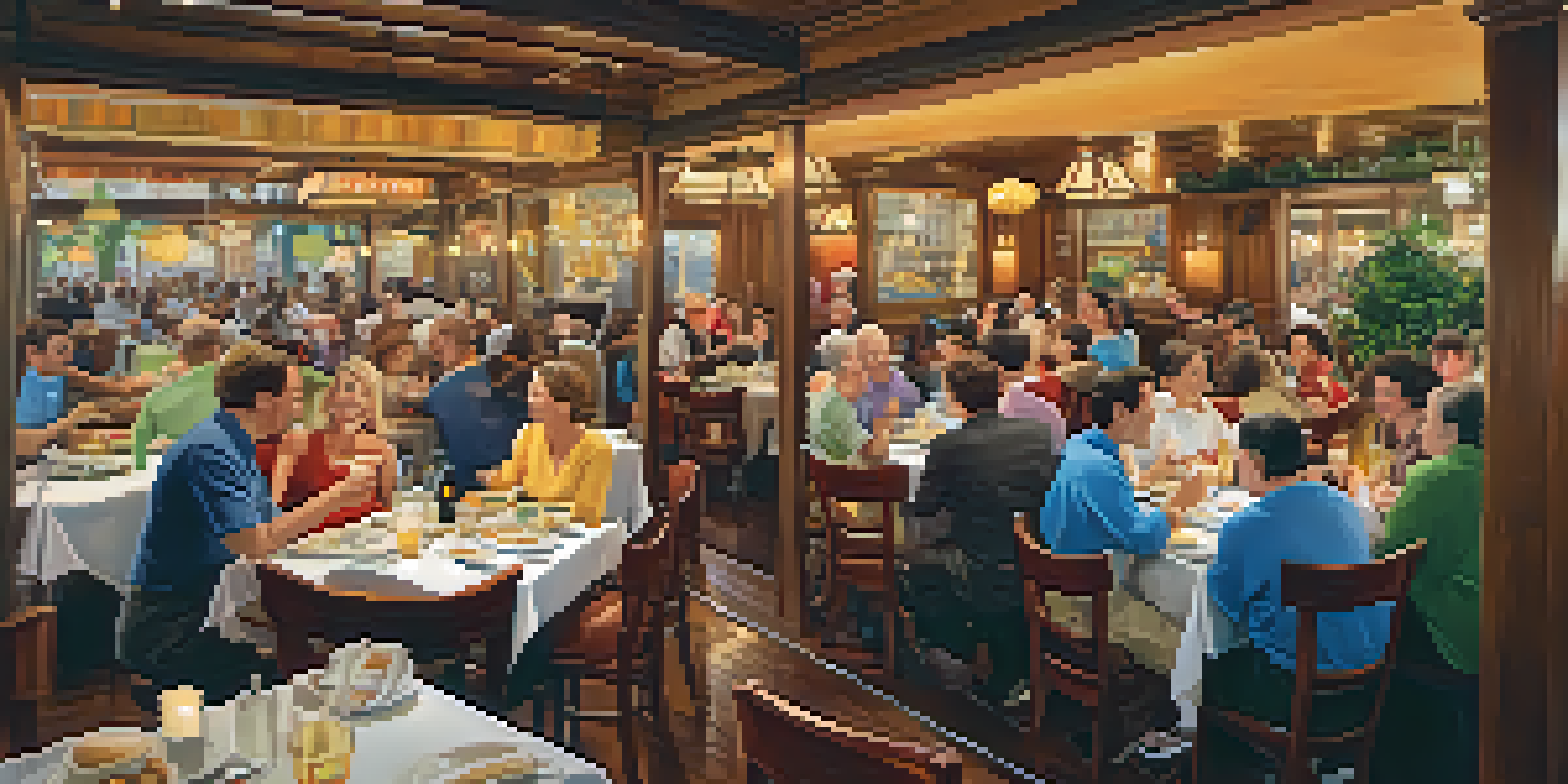 A lively restaurant filled with smiling diners, warm lighting, and a friendly atmosphere.