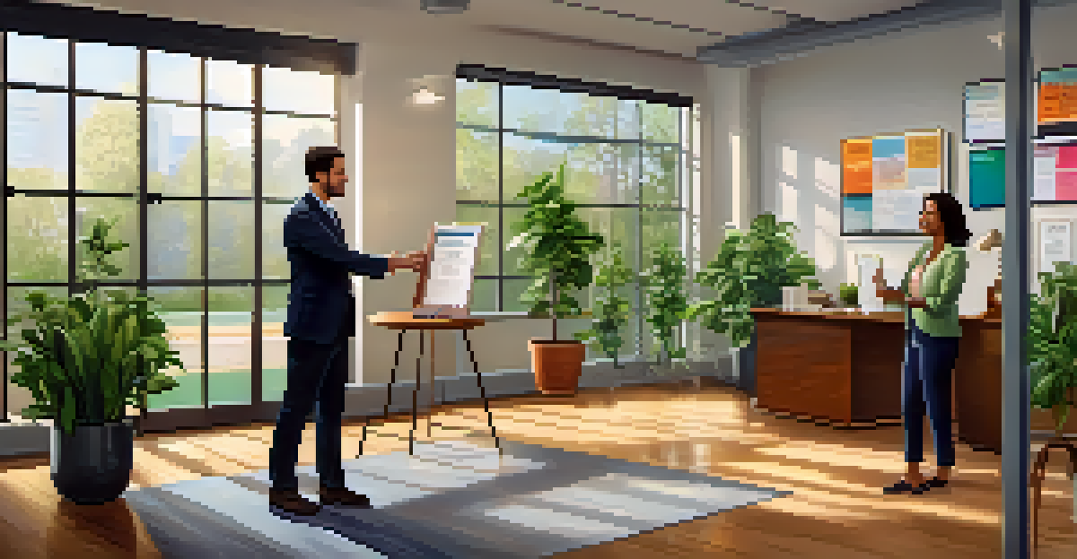 An employee receiving a certificate of achievement from a manager in a bright and vibrant office.