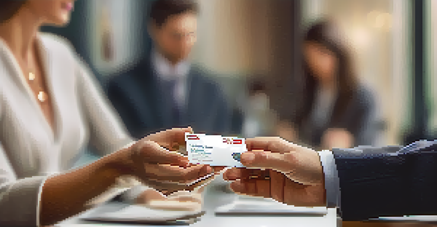 A close-up of two hands exchanging textured business cards in a professional setting.