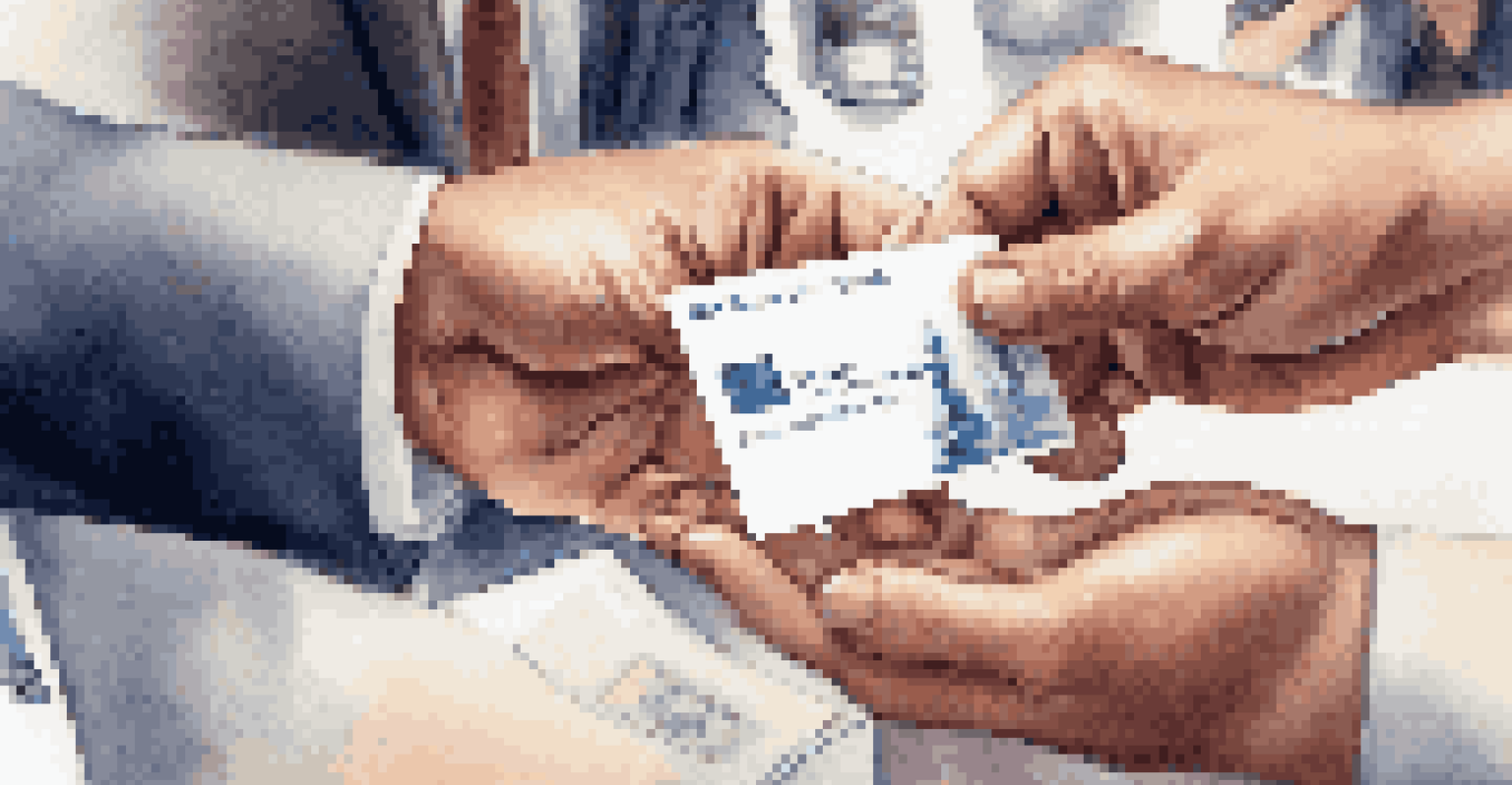 Close-up of hands exchanging a beautifully designed business card at a networking event.
