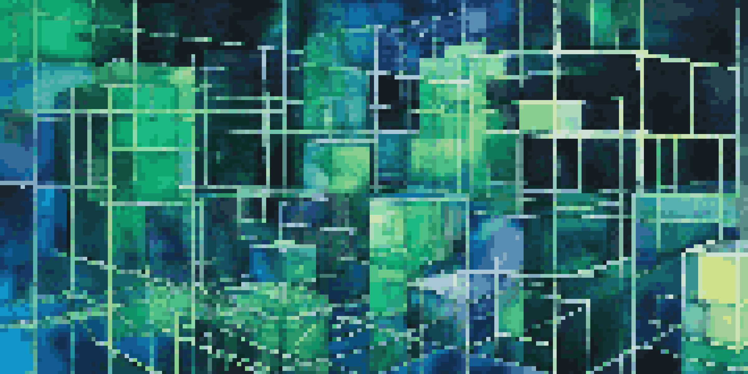 A digital illustration of a blockchain network with interconnected glowing blocks in blue and green against a dark background.