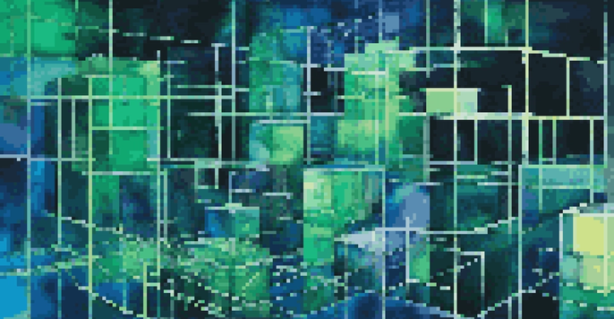 A digital illustration of a blockchain network with interconnected glowing blocks in blue and green against a dark background.