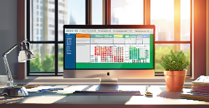 A well-organized office desk with a computer displaying risk assessment charts and a tidy workspace.