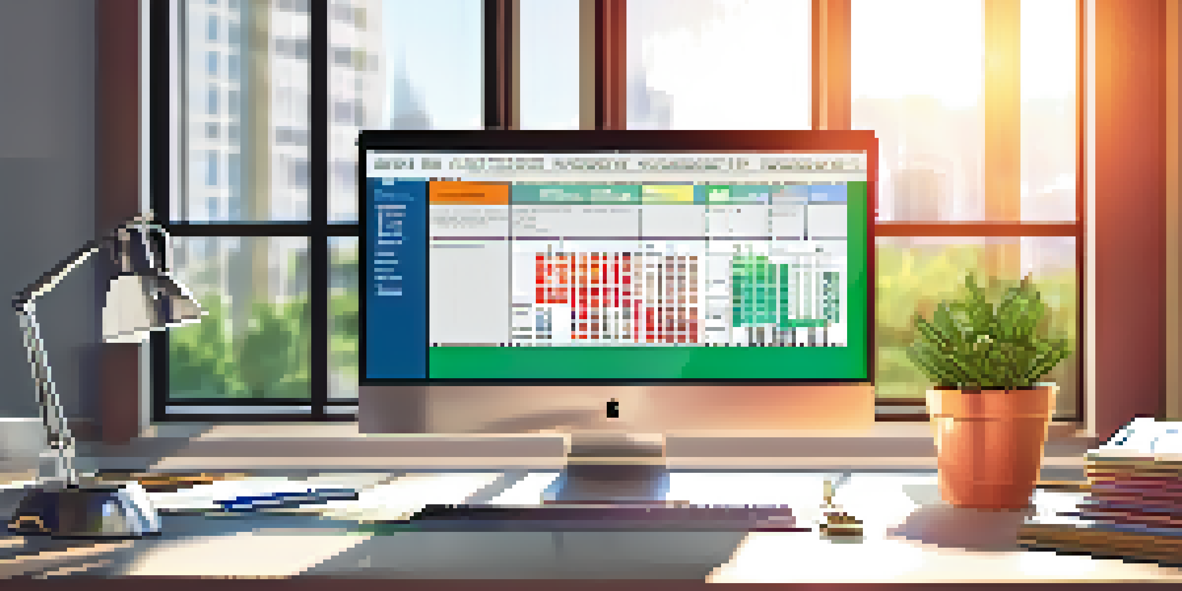 A well-organized office desk with a computer displaying risk assessment charts and a tidy workspace.