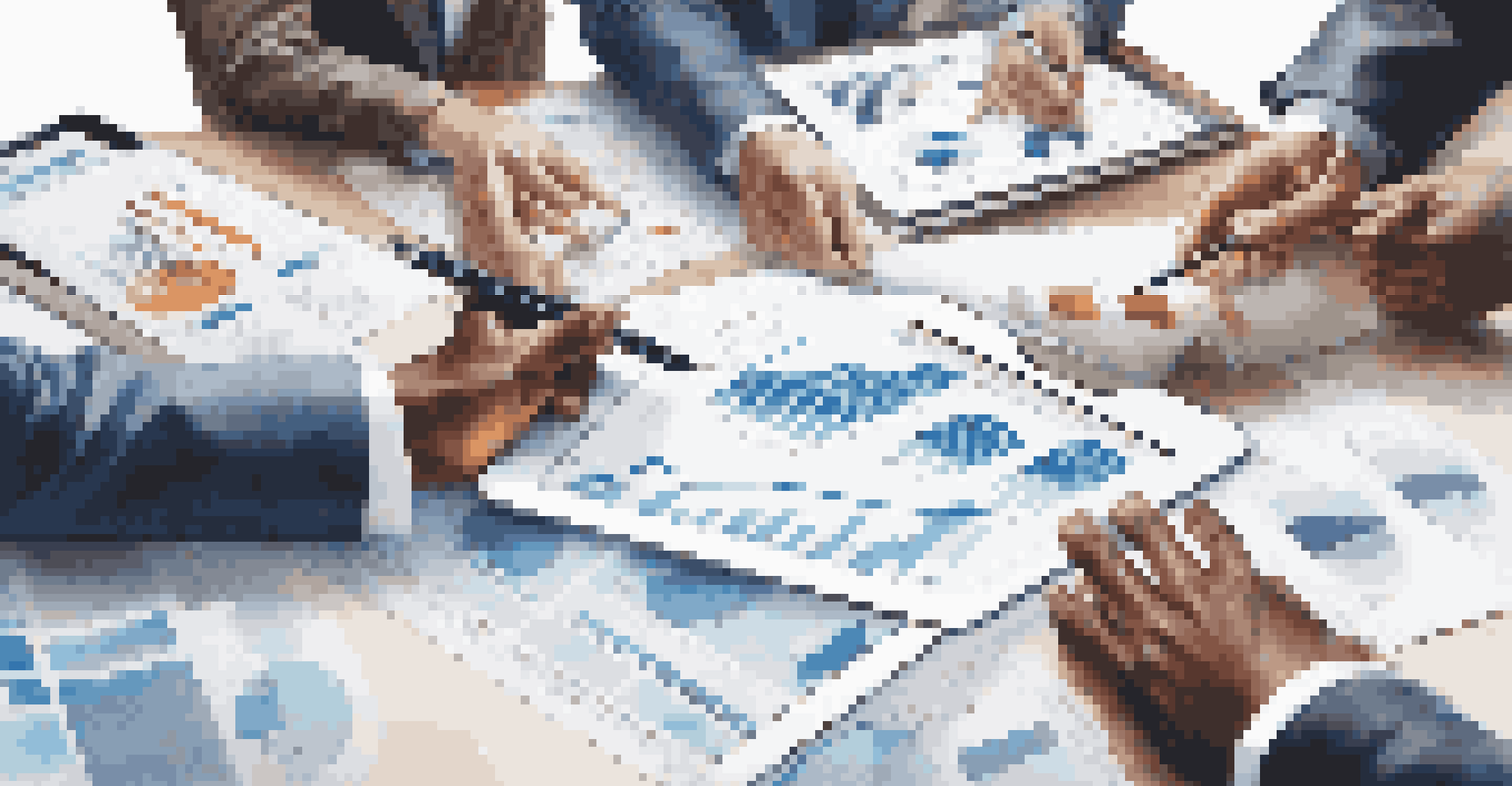 A close-up of hands collaborating around a table with documents and a tablet showing market data, highlighting teamwork.