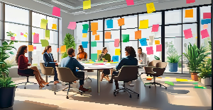 A diverse group of professionals in a bright office brainstorming together, showcasing collaboration and trust.