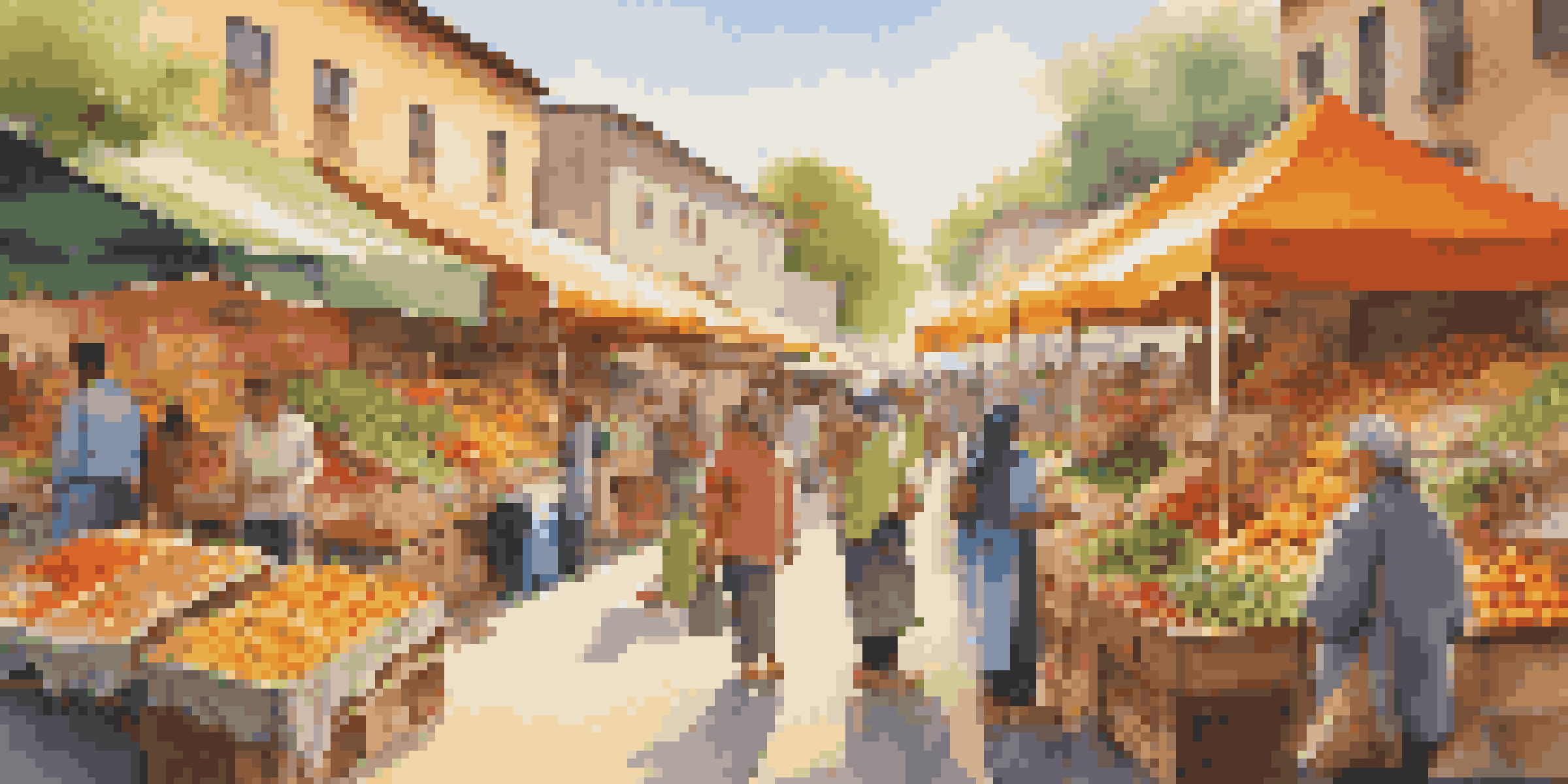 A busy outdoor market with people buying organic produce and a colorful mural in the background.