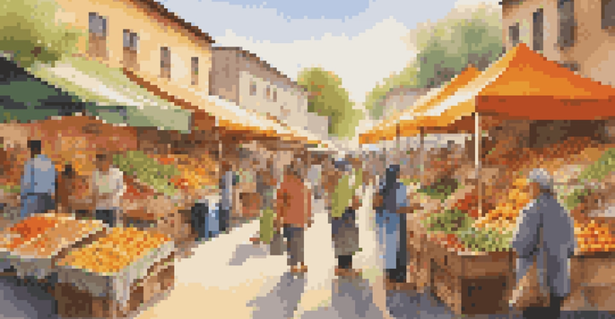 A busy outdoor market with people buying organic produce and a colorful mural in the background.