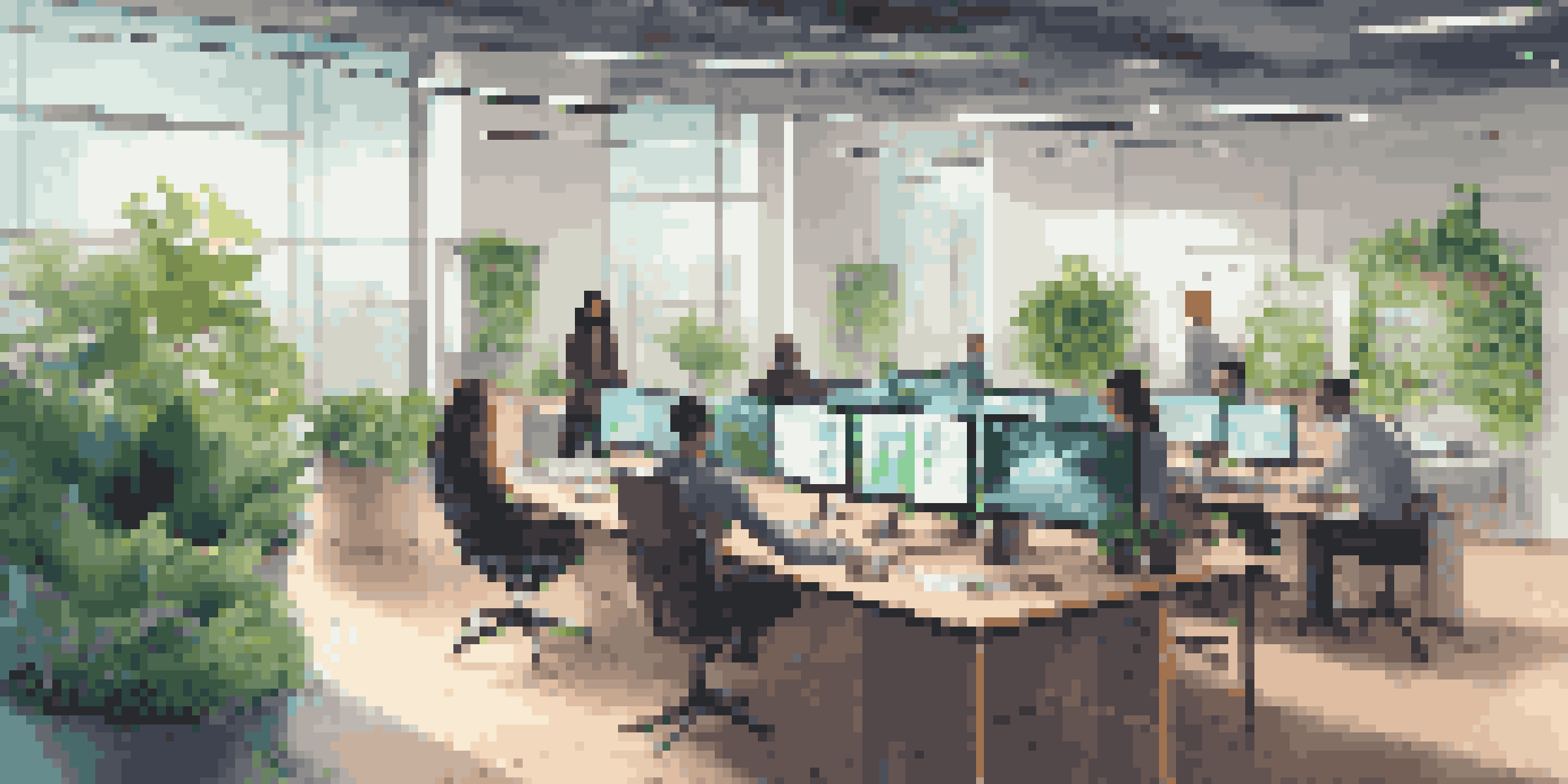A modern office environment with people collaborating and advanced technology, surrounded by greenery and natural light.