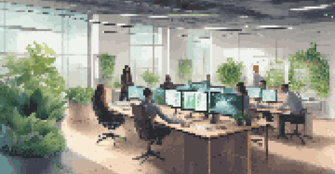 A modern office environment with people collaborating and advanced technology, surrounded by greenery and natural light.