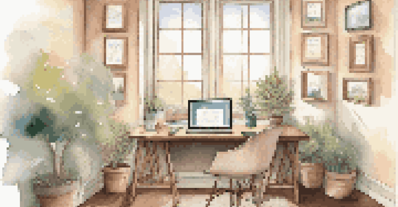 A cozy and inspiring workspace with a desk, laptop, coffee cup, and quotes on the walls, and a park view outside.