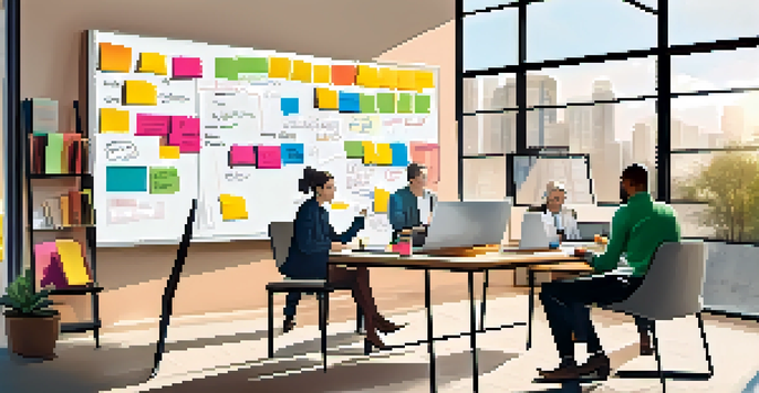 A diverse team of professionals brainstorming around a large whiteboard filled with a Business Model Canvas, with colorful sticky notes and laptops.