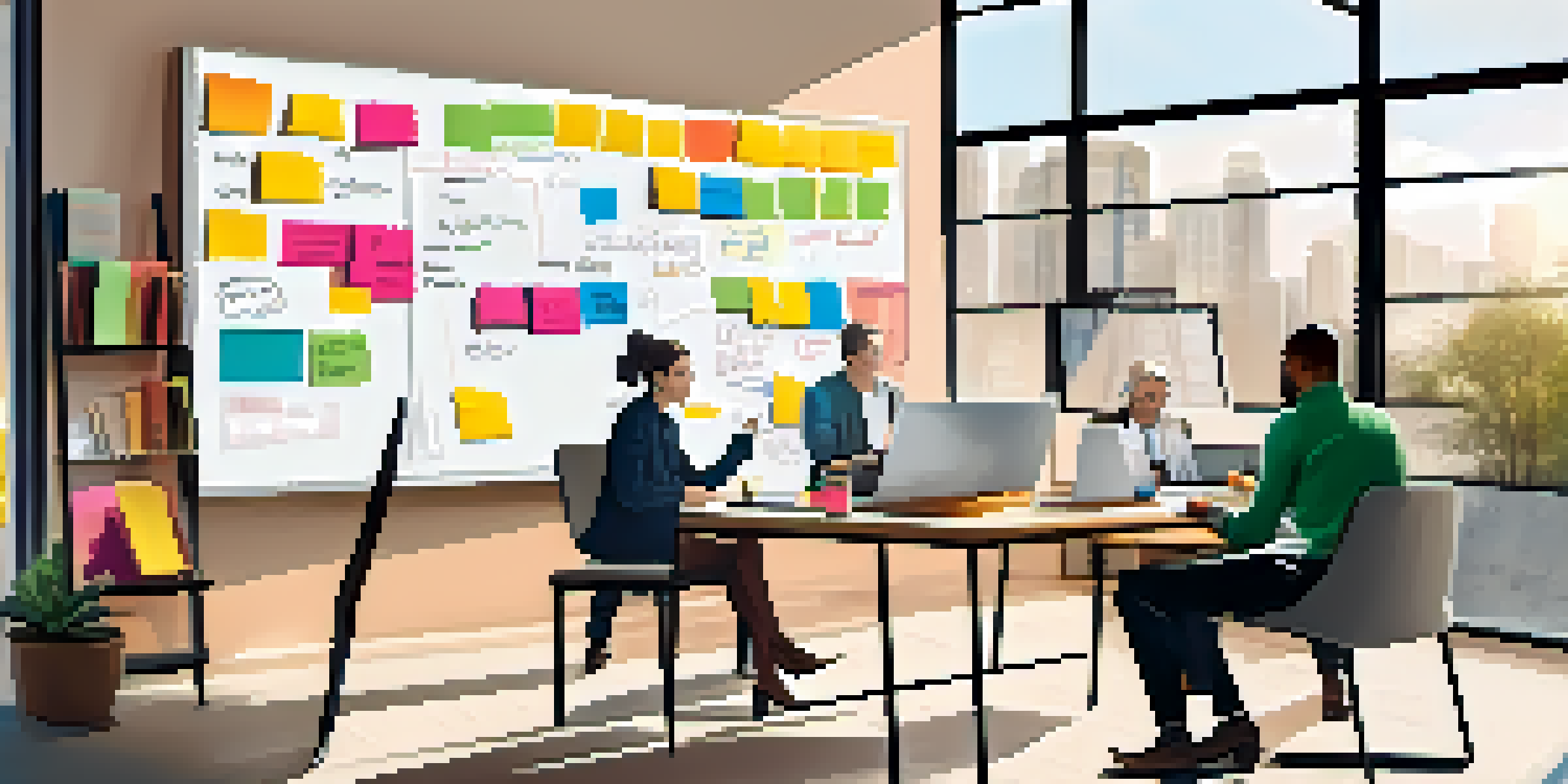 A diverse team of professionals brainstorming around a large whiteboard filled with a Business Model Canvas, with colorful sticky notes and laptops.