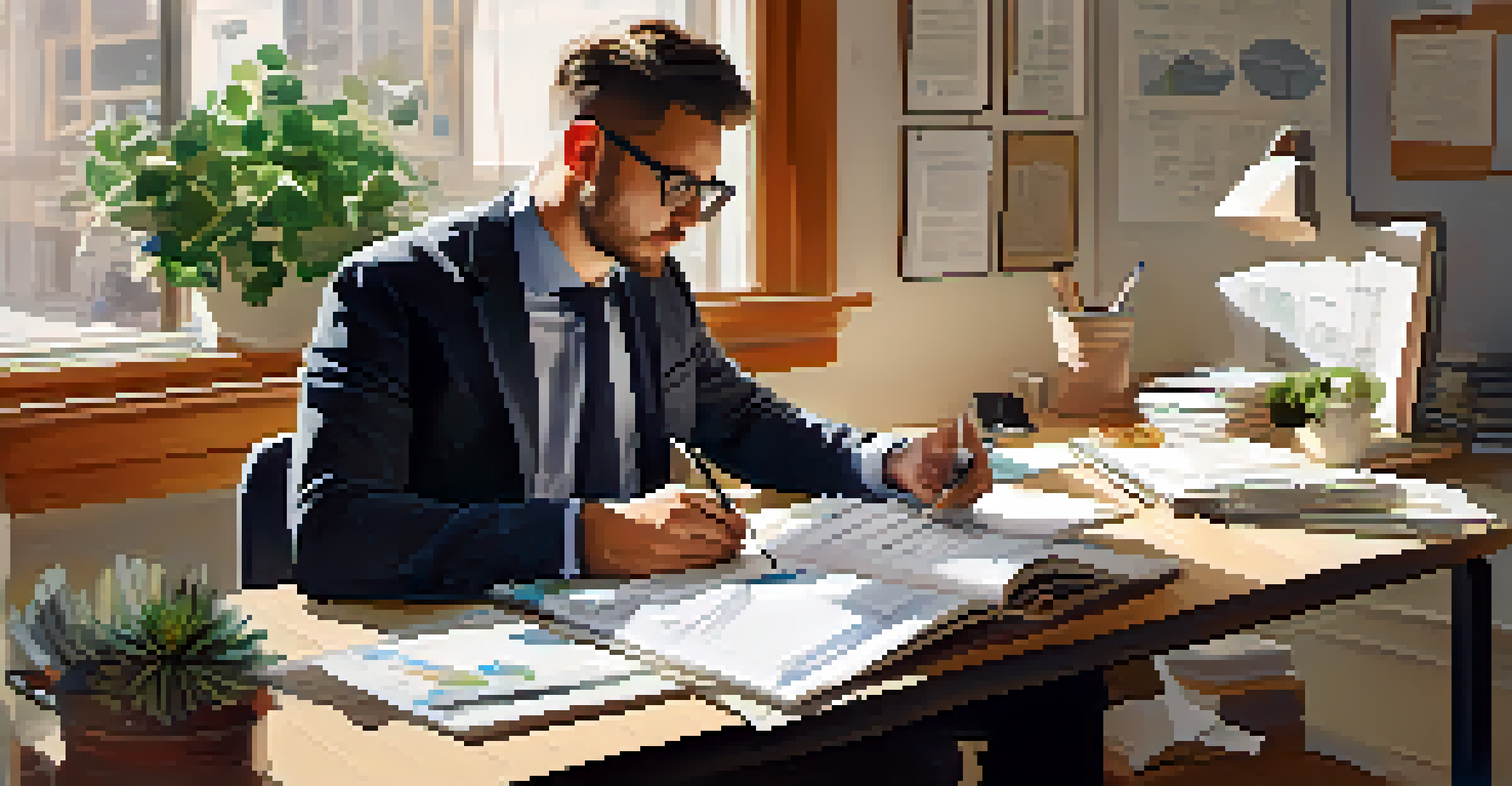 An entrepreneur sketching ideas for a crowdfunding campaign at a desk filled with papers and a laptop, illuminated by soft light.