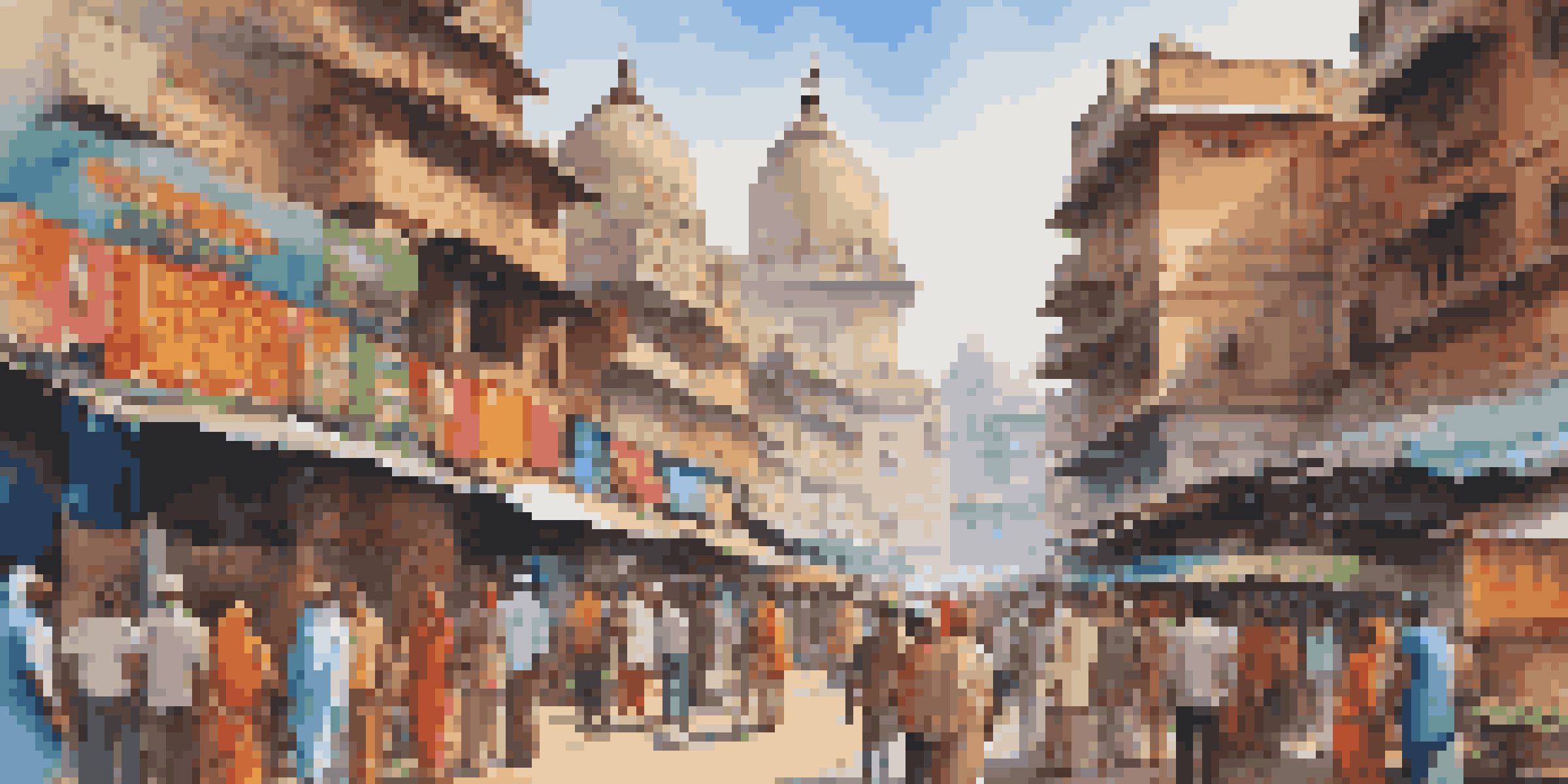 A vibrant urban scene in India with traditional markets in the foreground and modern skyscrapers in the background, highlighting the blend of culture and technology.
