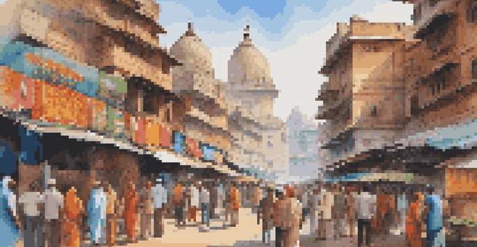 A vibrant urban scene in India with traditional markets in the foreground and modern skyscrapers in the background, highlighting the blend of culture and technology.