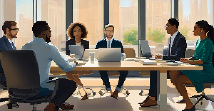 A diverse group of professionals discussing data privacy in a modern office setting with laptops and natural light.