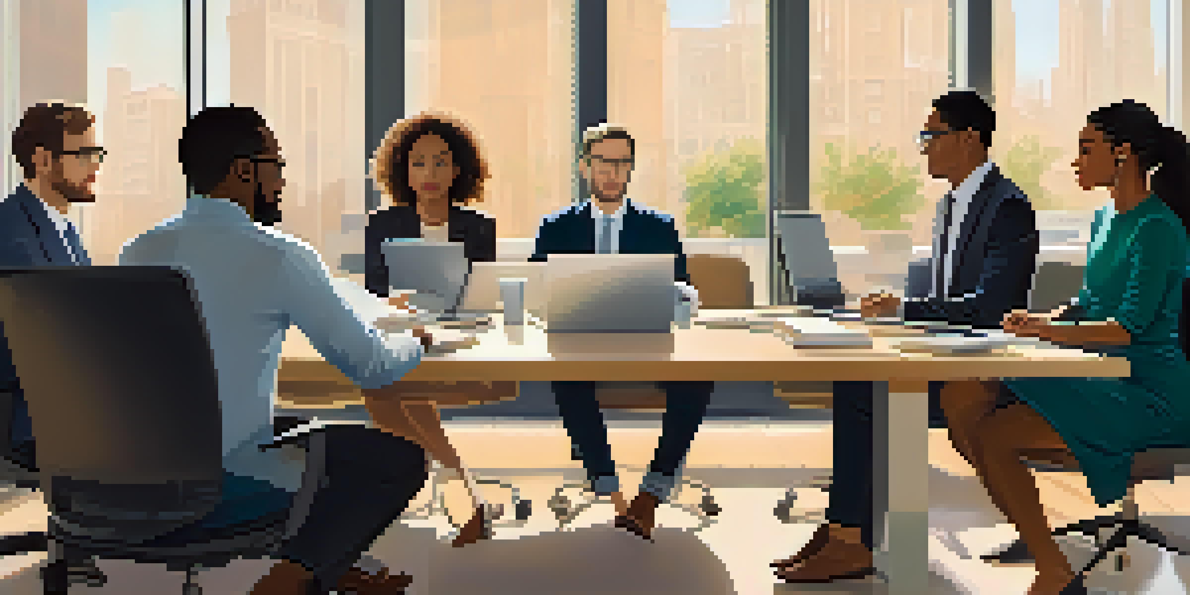 A diverse group of professionals discussing data privacy in a modern office setting with laptops and natural light.