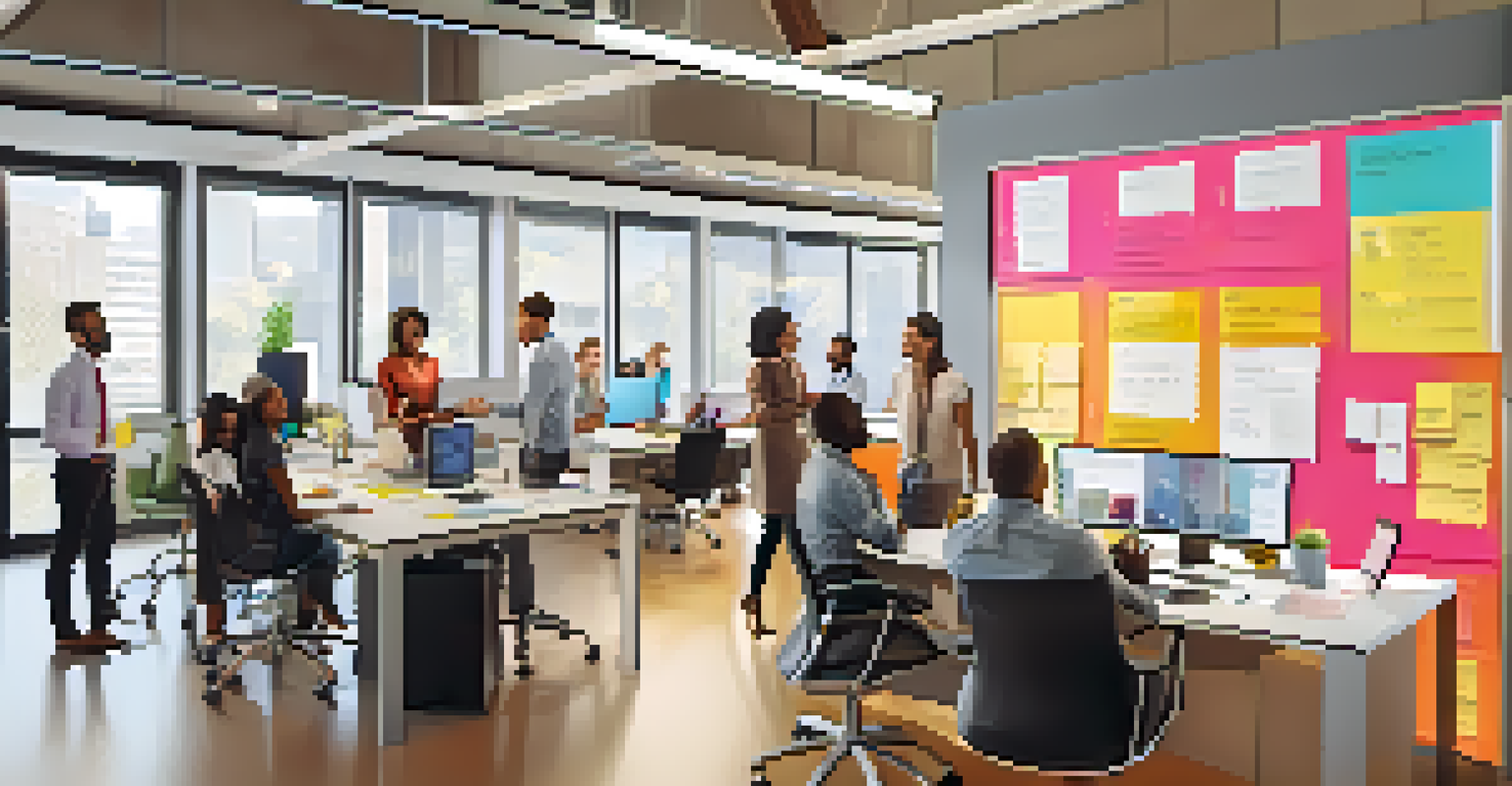 Diverse employees collaborating in a modern office, discussing customer feedback displayed on a large screen.