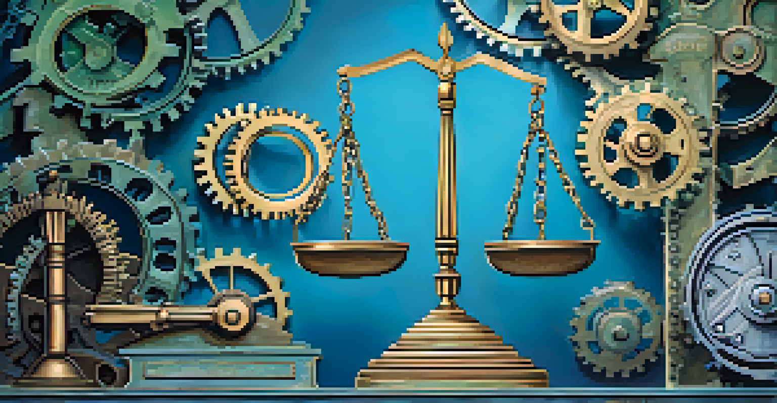 An abstract representation of regulatory compliance with a balanced scale and gears, set in shades of blue and green.