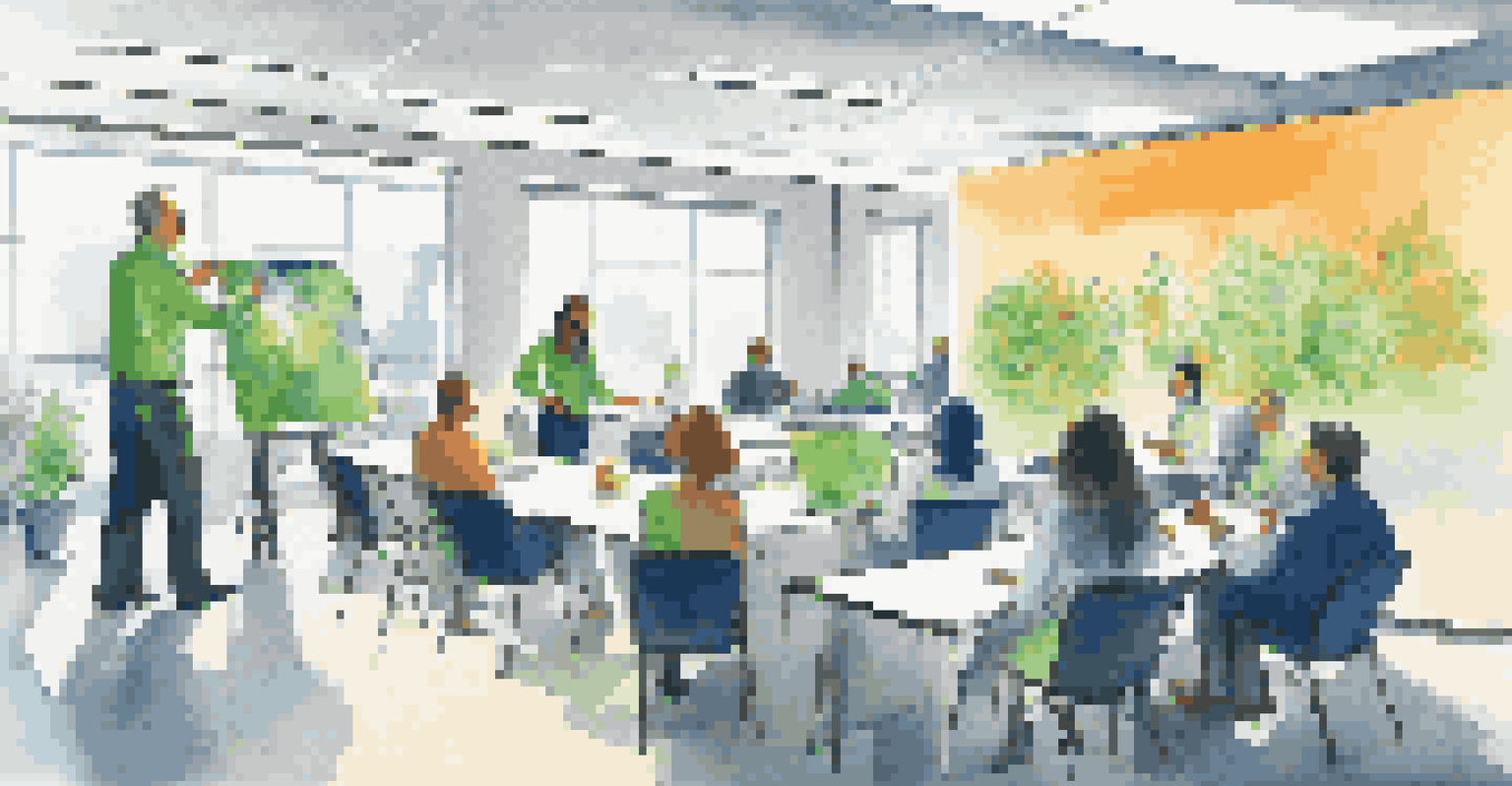 Employees participating in a workshop, actively engaged in learning with a projector displaying a learning module in a bright room.