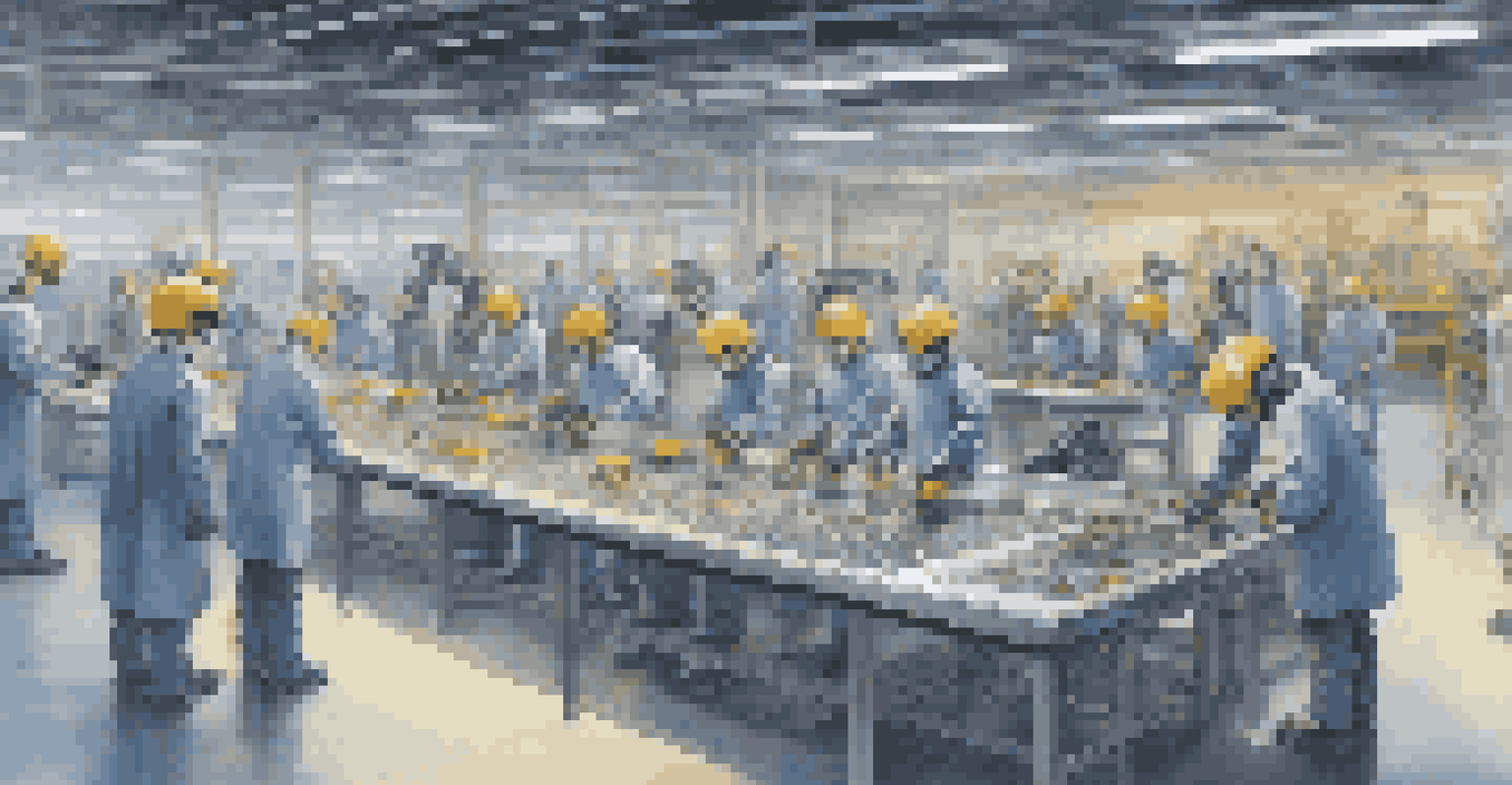 Collaborative robots assisting human workers on an assembly line in a modern factory.