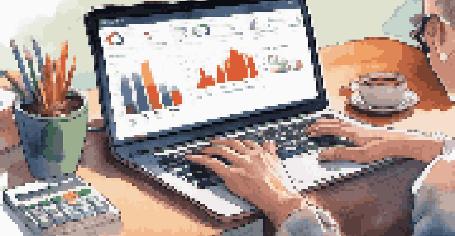 Close-up of hands typing on a laptop with accounting software for nonprofits, featuring colorful graphs and a coffee cup on the desk.