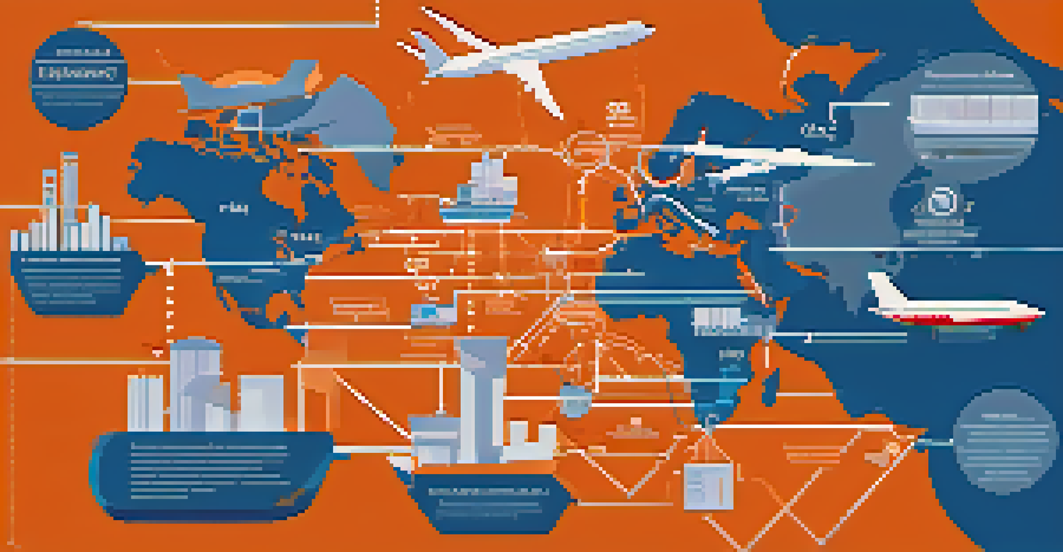 An infographic showing global supply chains with connections between continents and various icons.