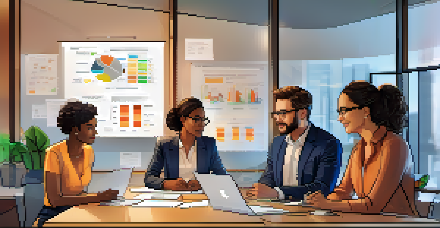 A diverse team in a meeting room discussing automation tools, with engaged expressions and laptops displaying charts.