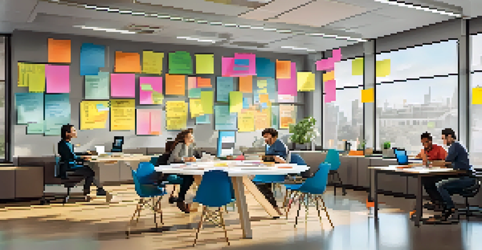 A diverse team collaborating in a bright office, surrounded by sticky notes and laptops, with inspirational art on the walls.