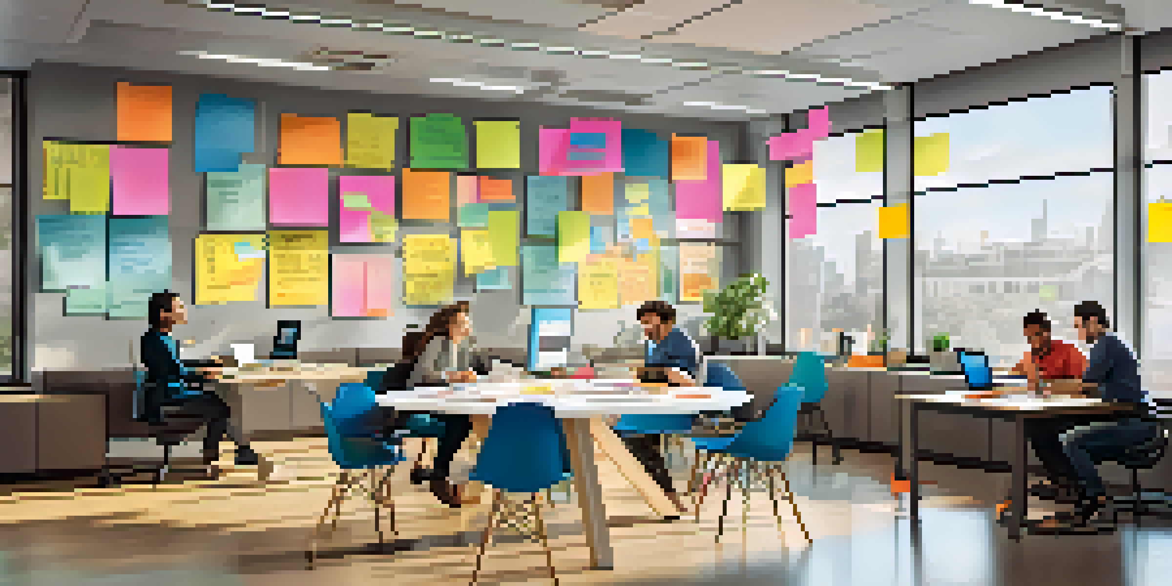 A diverse team collaborating in a bright office, surrounded by sticky notes and laptops, with inspirational art on the walls.