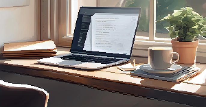 A cozy workspace with a wooden desk, open laptop showing an email marketing dashboard, a cup of coffee, and a notepad with notes, illuminated by soft natural light.