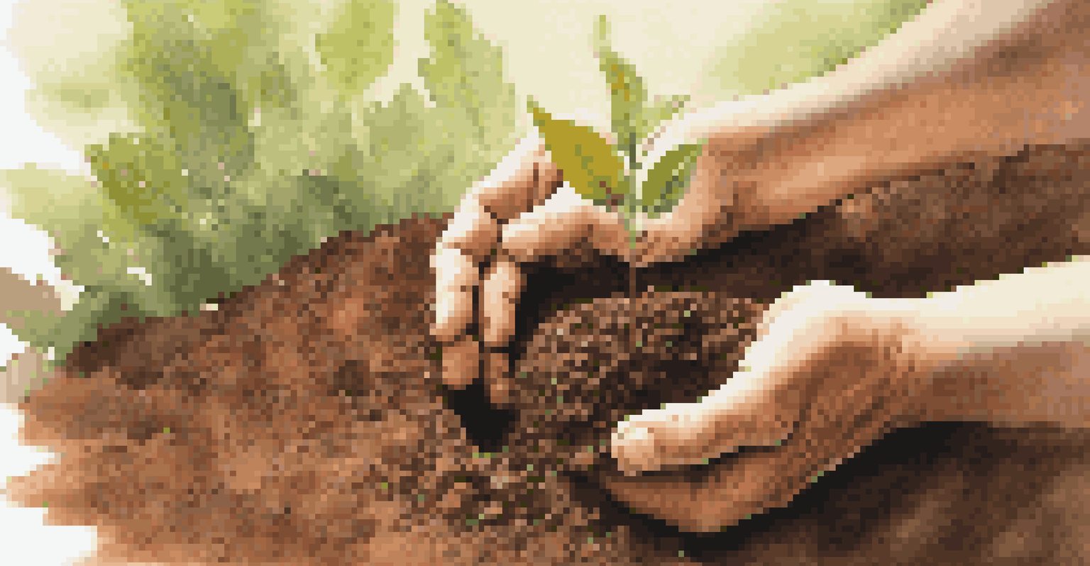 Hands planting a young tree in soil, symbolizing growth and impact investments, with sunlight filtering through leaves.