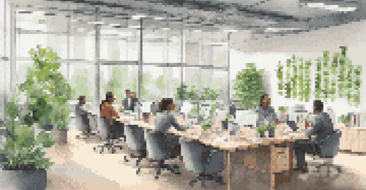 A contemporary office with employees discussing over a table, surrounded by sustainability certification documents and green plants.