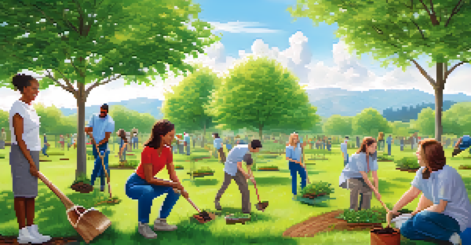 Diverse individuals collaborating to plant trees in a park, symbolizing sustainability and teamwork.
