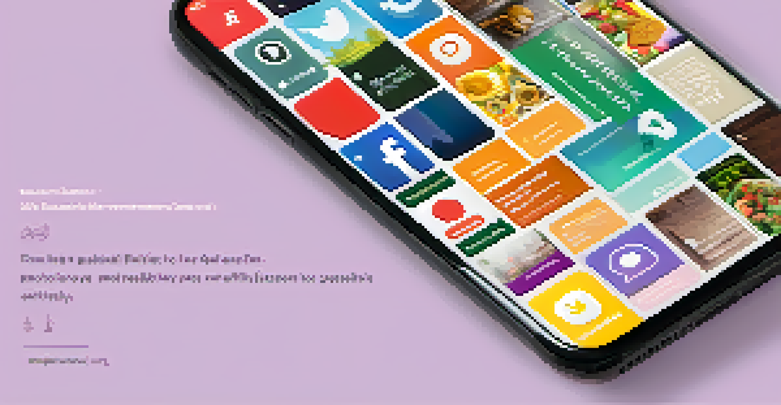 A smartphone displaying a vibrant social media feed of ethical brands with colorful posts about sustainability.