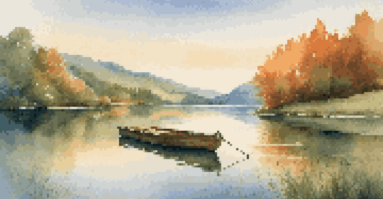 A peaceful lake scene with mountains in the background, a dock, and a rowboat reflecting in the water.