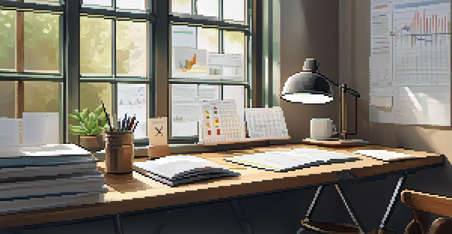An organized desk workspace with charts, a laptop, and notes on market trends, illuminated by natural light from a window.