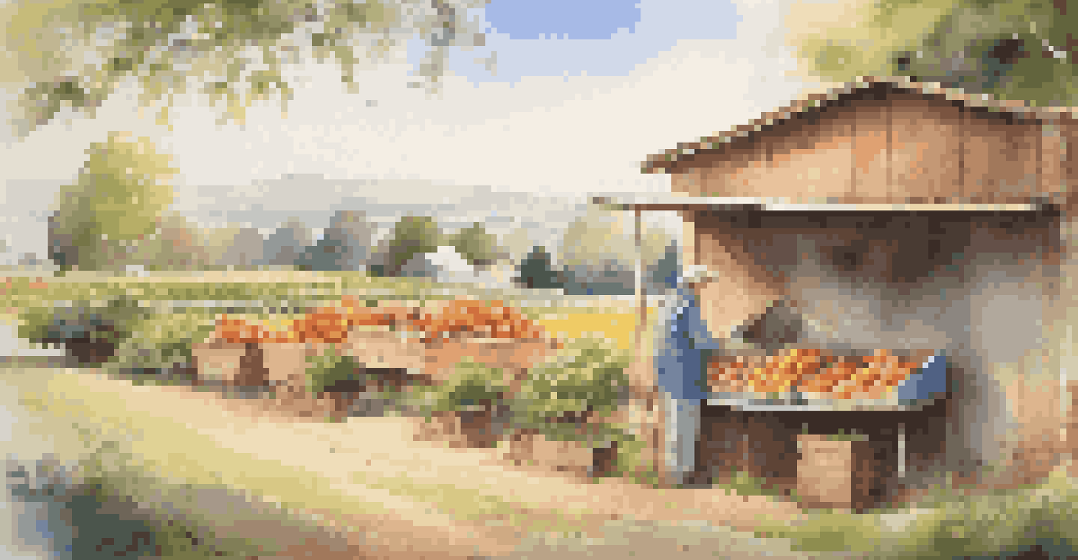 A local farmer selling produce online using a laptop in a beautiful rural setting, with fresh vegetables on a table.