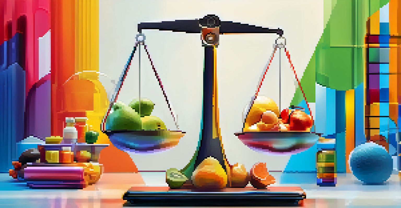 An abstract image depicting product market fit with a balancing scale of products and customer satisfaction icons.